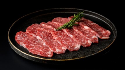 Fototapeta premium Raw Wagyu slices on a platter, showcasing the rich marbling