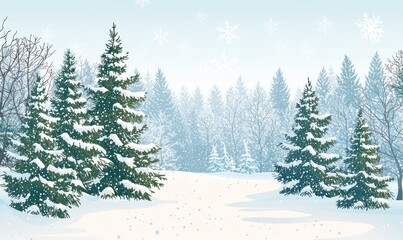 Fototapeta premium Vector illustration of a snowy forest scene with coniferous trees and gentle snowflakes, capturing winter's charm
