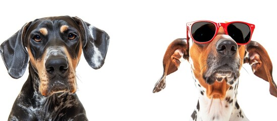 Close up isolated shot of a Great Dane and a dachshund wearing sunglasses displaying a strong friendship bond on a white studio background with copy space image