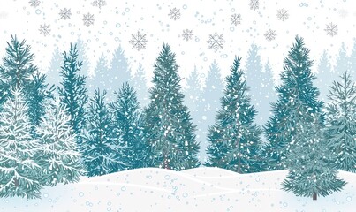 Obraz premium Vector illustration of a snowy forest scene with coniferous trees and gentle snowflakes, capturing winter's charm