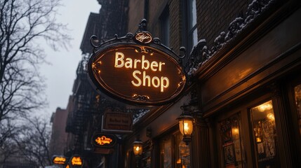 An atmospheric street view captured in dim, snowy weather featuring a vintage barber shop sign illuminated warmly, inviting customers inside
