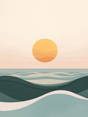 The sun rises slowly, casting a warm glow over smooth waves, creating a tranquil atmosphere perfect for a beach vacation and relaxation. Generative AI