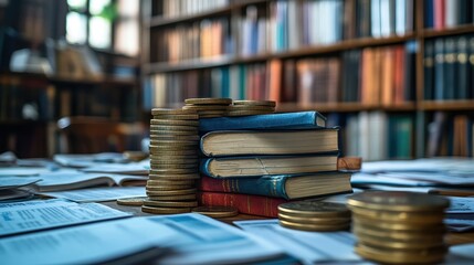 The intersection of knowledge and wealth books and coins in a study environment