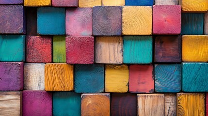 Colorful Wooden Planks Background, Abstract Texture of Multicolor Wooden Blocks with Natural Grain, Top View Stock Photo with 2/3 Space for Text