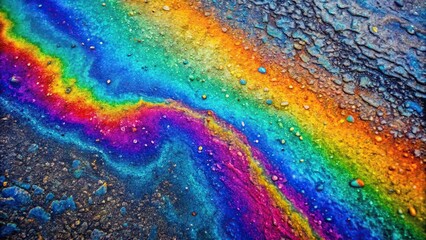 Aerial rainbow oil slick on asphalt abstract background