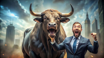 Naklejka premium Archive the success and marketing concept pixelated figure stands victorious beside a formidable bull under a dramatic sky.”