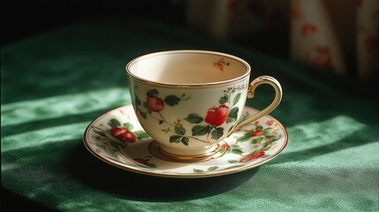 Fototapeta premium Delicate china cup and saucer with floral design on green background