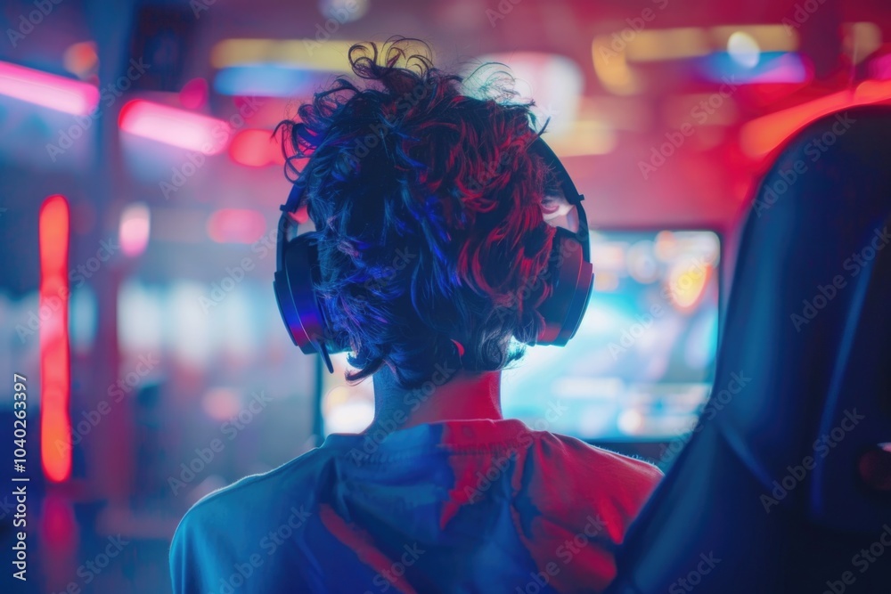 Poster a person sitting in front of a computer monitor with a focused expression