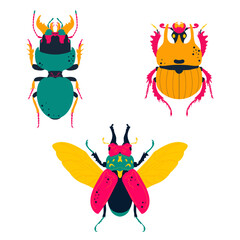 Cute, colorful insects. Allotopus rosenbergi, Chelotrupes matutinalis, Crepidopterus decorsei. Vector illustration, icon set.