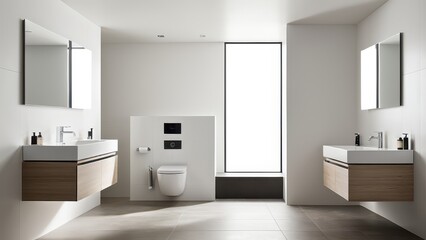 Modern bathroom with glass shower, dual sinks, large mirror, and minimalist decor. Neutral tones and natural light create a serene atmosphere.