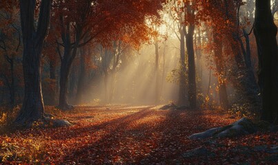 Sunlit Autumn Forest Path with Red Leaves