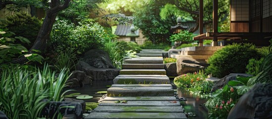 Stroll along a serene ryokan garden path with stone steps lush greenery and thoughtfully arranged plants capturing the essence of nature and tradition in a tranquil setting with a copy space image