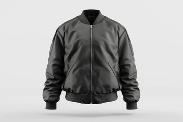 A close-up shot of a black bomber jacket on a white background, great for fashion or lifestyle photography