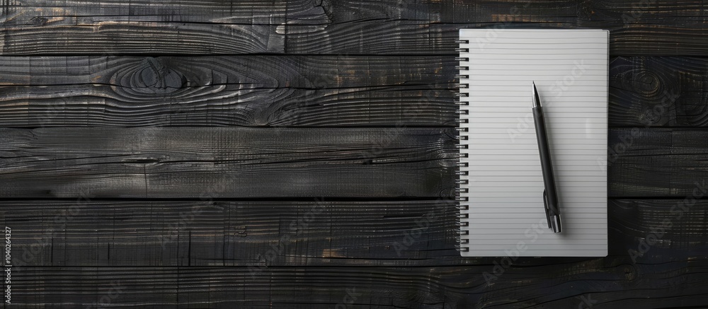 Poster notebook with lines and pen on a wooden or black and white background creating a stylish composition