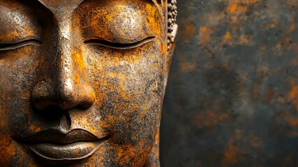 A close-up of a weathered Buddha statue with eyes closed, showcasing a serene expression