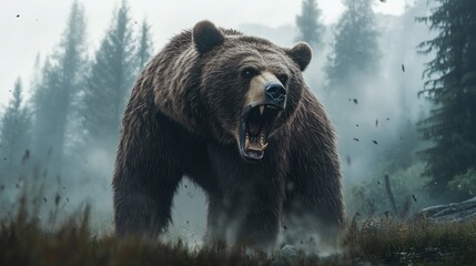 A bear is shown in a forest with its mouth open and teeth bared