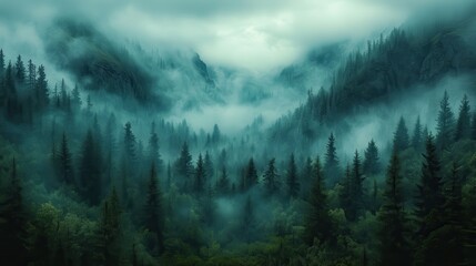 Mystical misty forest landscape at dawn with pine trees and fog