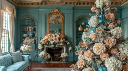Obraz premium A beautifully decorated stately room with an elaborate blue Christmas tree, white and peach floral arrangements, ornate mirror, and elegant historical decor