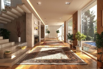 Fototapeta premium Cozy hallway with a rug and potted plants, perfect for interior design or home decor images