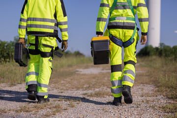 engineer hand holding toolbox at wind turbine field