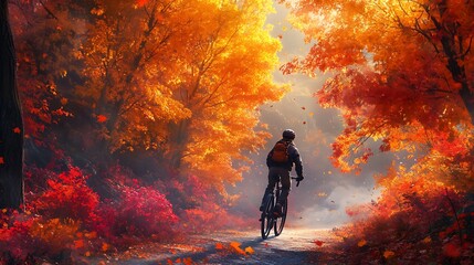 Fototapeta premium A biker wearing a helmet riding through a mountain road covered in autumn leaves, the trees on either side glowing in golden and scarlet hues, the path meandering through the landscape,