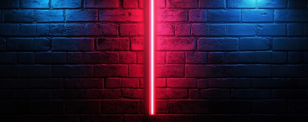 Red and Blue Neon Lights Illuminating a Dark Brick Wall Background, Perfect for Banners, Wallpapers, or Covers with Copy Space