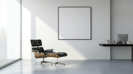 Large blank frame in a minimalist office with sleek furniture