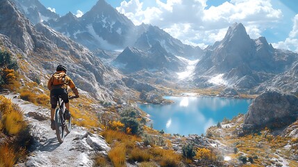 Fototapeta premium A helmeted biker cruising along a steep mountain road, the lake below shimmering under the bright midday sun, surrounded by rugged peaks, the path winding through the alpine terrain,