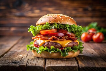 Aerial shot of delicious burger with tomato, cheese, bacon, and salad on wooden table