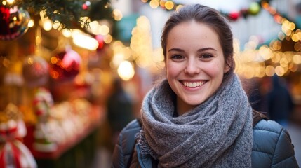 A young woman stands cheerfully amid a bustling holiday market filled with colorful lights and decorations.