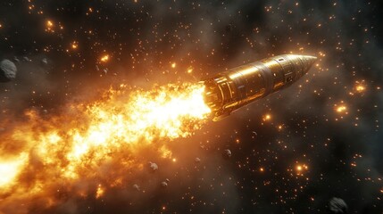 Rocket launching into space with fiery propulsion and asteroids in the background