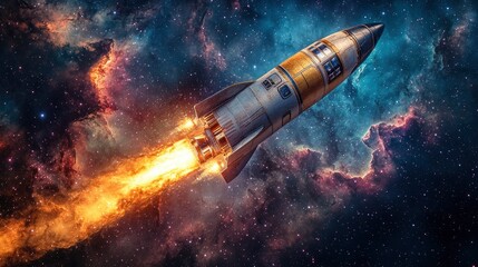 Obraz premium Futuristic rocket launching through a colorful space backdrop