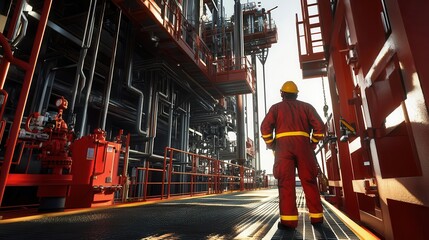 A worker in an oil and gas facility, wearing safety gear like a hard hat and a high visibility safety coverall with reflective stripes