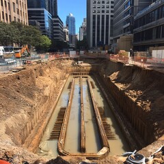 Fototapeta premium Excavation site with wooden supports and water in urban construction area.