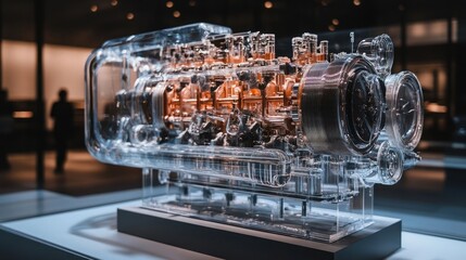Transparent high-tech engine on display, showcasing modern engineering and mechanical innovation