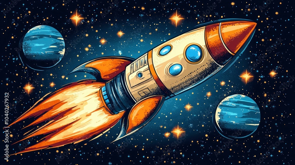 Wall mural colorful rocket soaring through the stars in a cosmic background