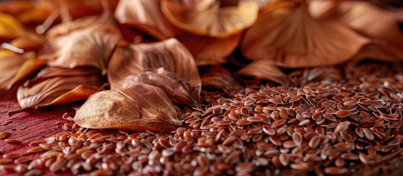 Flax seeds in their natural state with flax chaff set against a backdrop of red bark being cleaned creating a visually appealing copy space image