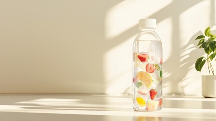 Refreshing Hydration Concept - Modern Thermo Water Bottle with Colorful Infused Water in Sunlit Kitchen Setting