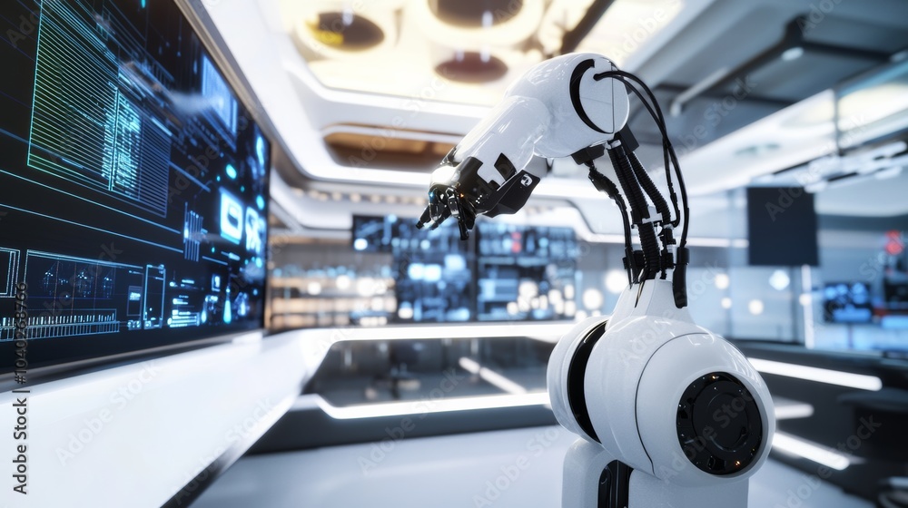 Poster A robot working in a high-tech virtual design studio with large digital displays and creative software, clean and modern environment, Design-tech style