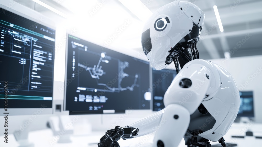 Poster A robot working in a high-tech virtual design studio with large digital displays and creative software, clean and modern environment, Design-tech style