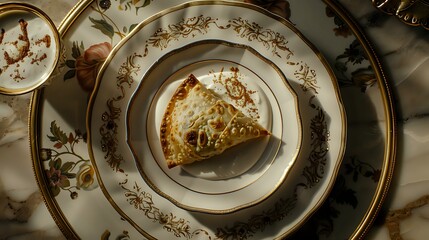 A single golden-brown pastry on an ornate plate, surrounded by elegant tableware.