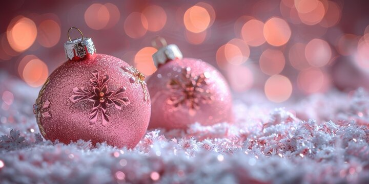 A close-up view of two shimmering pink Christmas baubles resting on a bed of sparkling artificial snow, with a dreamy bokeh background of warm lights - Powered by Adobe