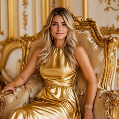 Fototapeta premium A woman in a golden dress sits elegantly on a luxurious chair.