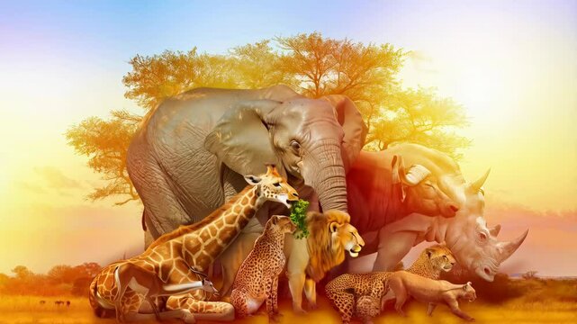 Big Five and wild animals collage with african tree at sunrise in Serengeti wildlife area, Tanzania, East Africa. Africa safari scene in savannah landscape.