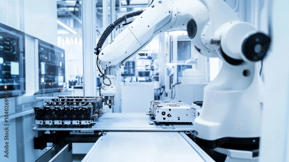Poster a robotic arm assembling advanced audio equipment in a clean, high-tech audio lab, modern and techni