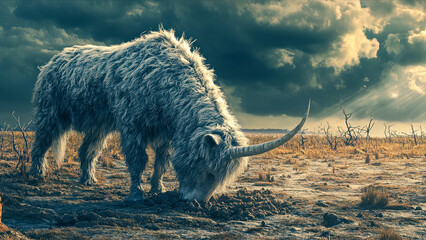 Woolly Siberian Unicorn (Elasmotherium sibericum) Grazing in a Barren Landscape