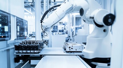 A robotic arm assembling advanced audio equipment in a clean, high-tech audio lab, modern and technical environment with a focus on audio technology