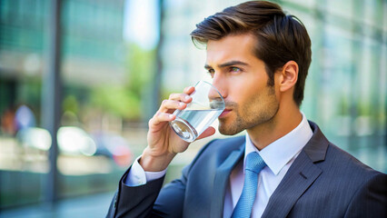 professional businessman suit quenches thirst with a refreshing sip of water amidst the city bustle Hydration on-the-go: An individual takes a moment for a water break against an urban backdrop.