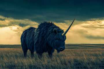 Wild Siberian Unicorn (Elasmotherium sibericum) in an Open Grassland