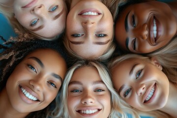 Fototapeta premium Diverse group of happy women of various races and ethnicities smiling outdoors, including Caucasian, African American, Asian, and Latina women, showcasing their unique features.